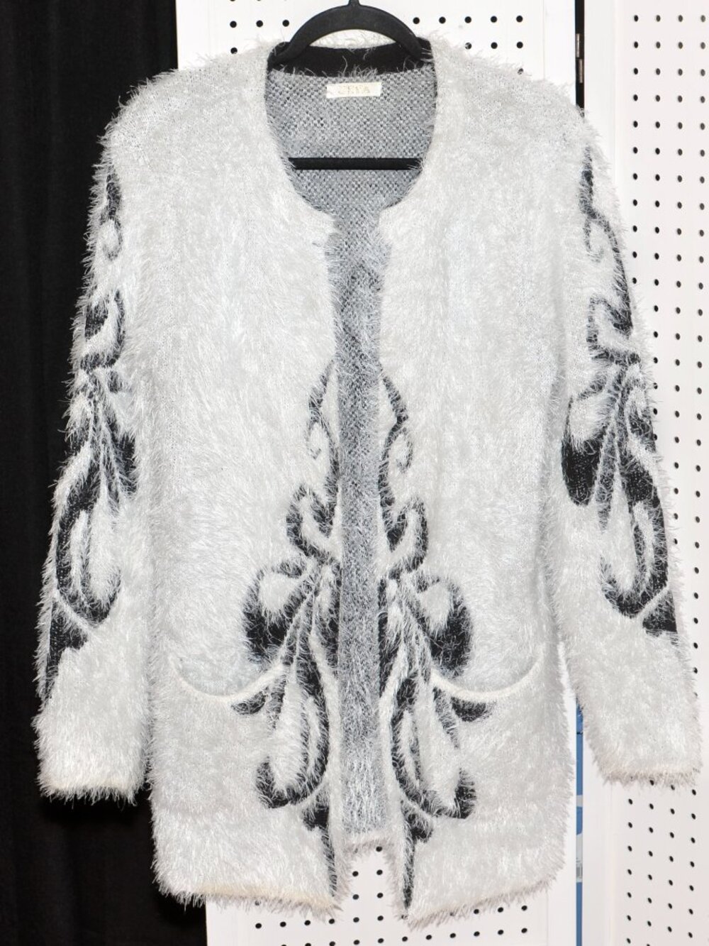 ZEVA Fuzzy Eyelash Knit Open Front Cardigan Black White Scroll Pattern